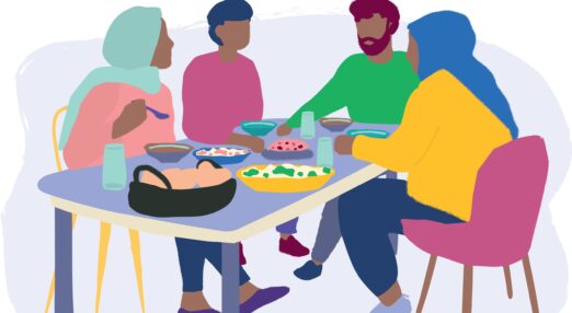 Illustration of a Muslim family sharing a meal