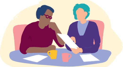 Illustration of two office workers discussing a document over cups of tea or coffee